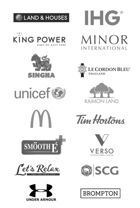 บริษัทรับทำ SEO ที่ได้รับการแนะนำจาก 16 แบรนด์ - Land and Houses, IHG, King Power, Minor International PCL, Singha, Le Cordon Bleu Thailand, Unicef Thailand, McDonald's Thailand, Smooth E, Raimon Land, Let's Relax, Tim Hortons, VERSO International School, SCG, Under Armour, Brompton