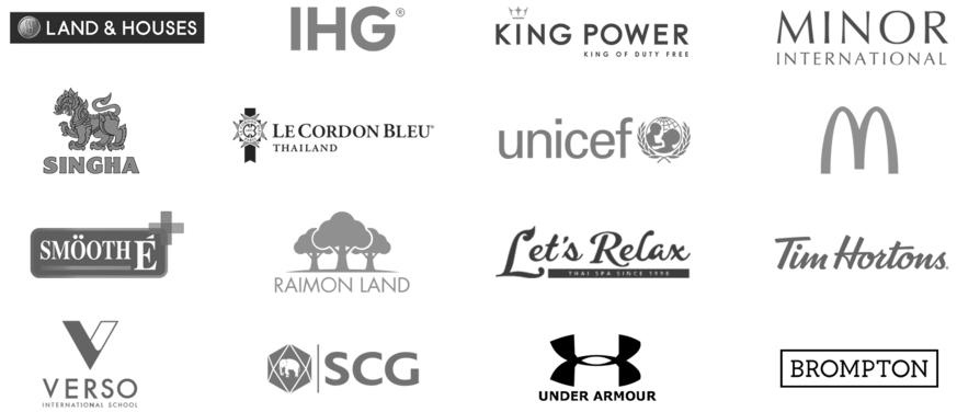 บริษัทรับทำ SEO ที่ได้รับการแนะนำจาก 16 แบรนด์ - Land and Houses, IHG, King Power, Minor International PCL, Singha, Le Cordon Bleu Thailand, Unicef Thailand, McDonald's Thailand, Smooth E, Raimon Land, Let's Relax, Tim Hortons, VERSO International School, SCG, Under Armour, Brompton